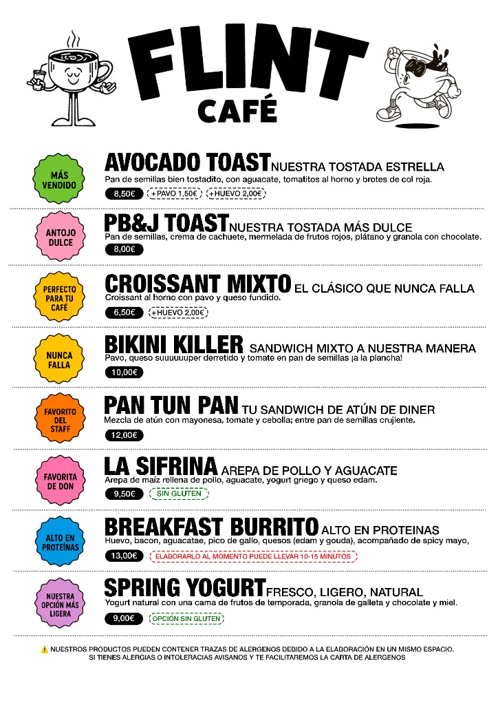 Carta Flint Café — tostadas, sándwiches y breakfast